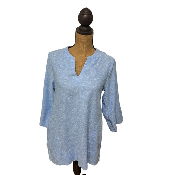 Lands End women’s 100% linen Notch Neck 3/4 Sleeve Tunic, Blue, Small pockets - Picture 1 of 8
